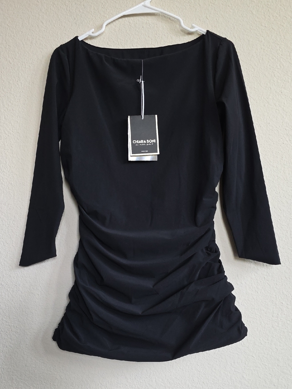 NWT Chiara Boni Black Ruched Long-Sleeve Top IT 46